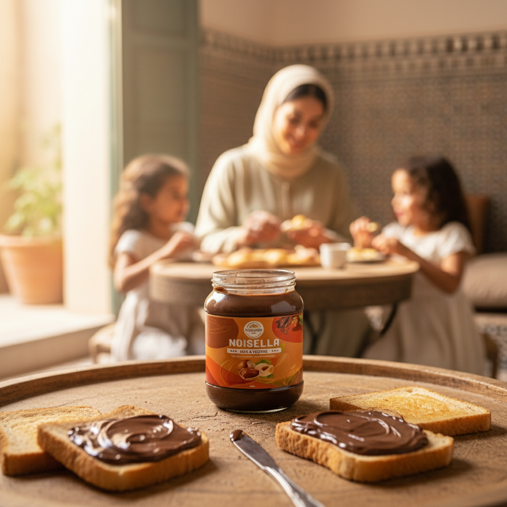 Noisella jar close-up with Moroccan family